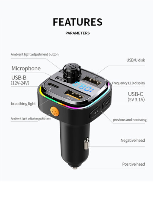 Bluetooth Hands-free Call Car MP3 Music Player Type-C + Dual USB Phone Fast Charging Car Charger FM Transmitter - Image 12