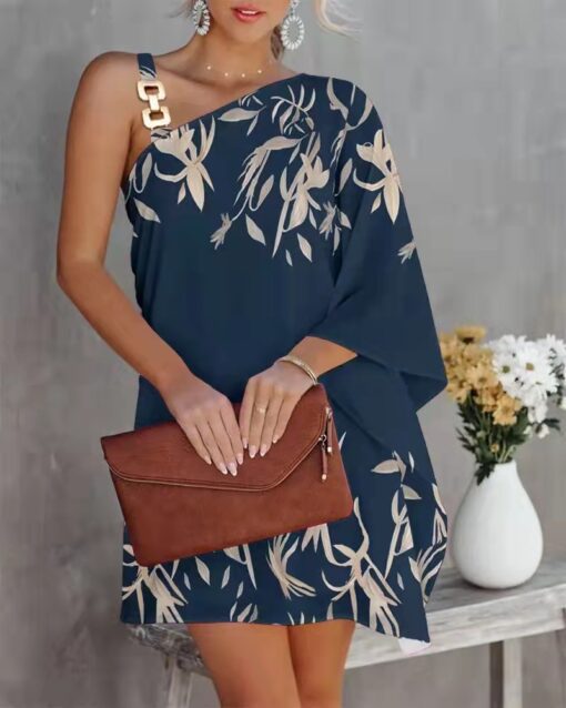 Floral Print Asymmetrical Neck Dress - Image 6