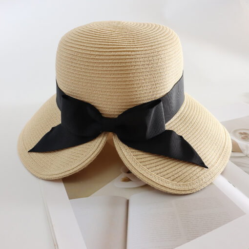 Women Foldable Ponytail Bowknot Brim Straw Hat