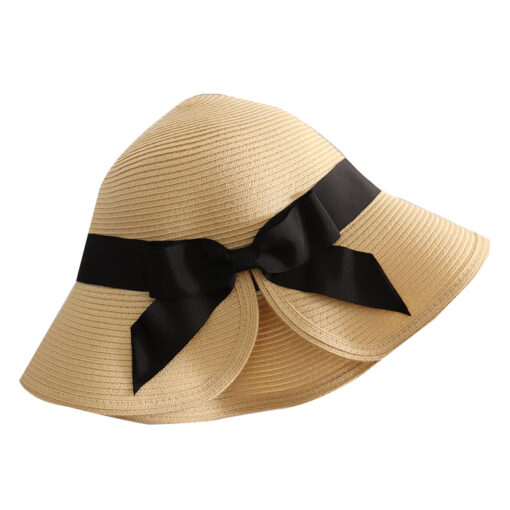 Women Foldable Ponytail Bowknot Brim Straw Hat - Image 3