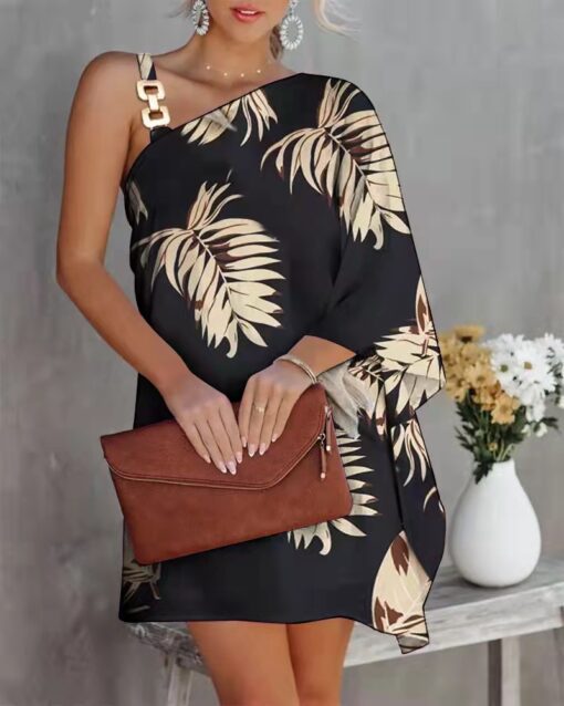 Floral Print Asymmetrical Neck Dress - Image 3