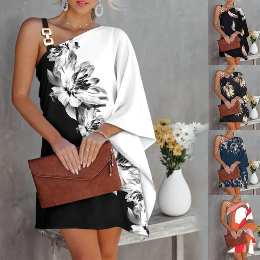 Floral Print Asymmetrical Neck Dress