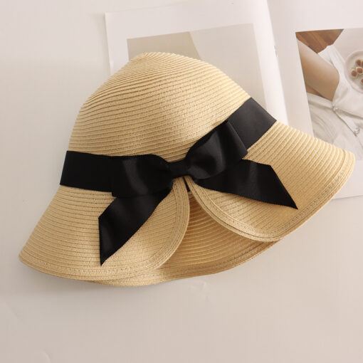 Women Foldable Ponytail Bowknot Brim Straw Hat - Image 5