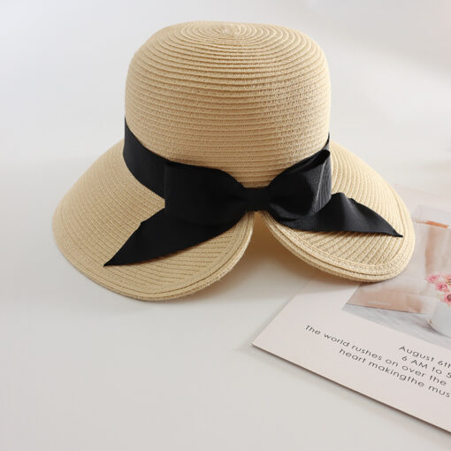 Women Foldable Ponytail Bowknot Brim Straw Hat - Image 2