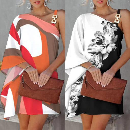 Floral Print Asymmetrical Neck Dress - Image 2