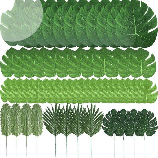 60 Pcs 6 Kinds Artificial Palm Leaves Tropical Plant Safari Leaves