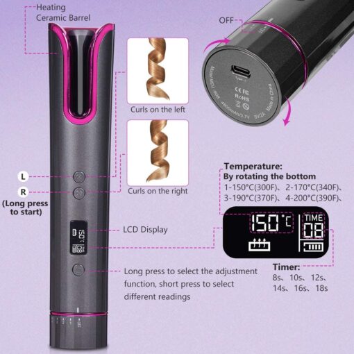 Wireless Hair Curler- Auto Curling Iron with LCD Temperature Display and Timer - Image 4