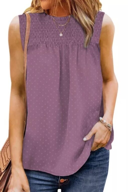 Women Casual Chiffon Butterfly Sleeveless Blouse Round-Neck Solid Color Pullover T-Shirt  -  AC1136 - Image 5