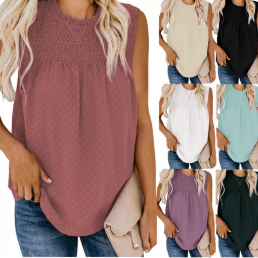 Women Casual Chiffon Butterfly Sleeveless Blouse Round-Neck Solid Color Pullover T-Shirt  -  AC1136 - Image 9