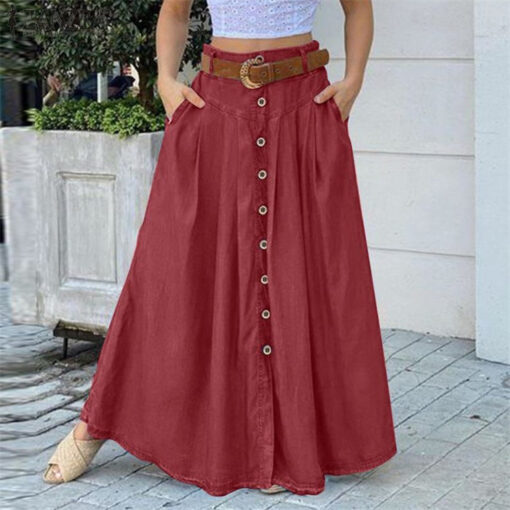 Women's Solid Color Buttons Denim Long Skirts - Image 7