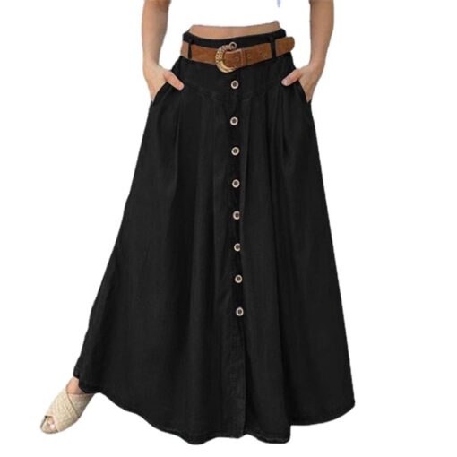 Women's Solid Color Buttons Denim Long Skirts - Image 6