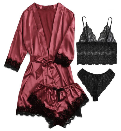 Women's Four-Piece Lace-Trimmed Satin Pajama Set - Image 3