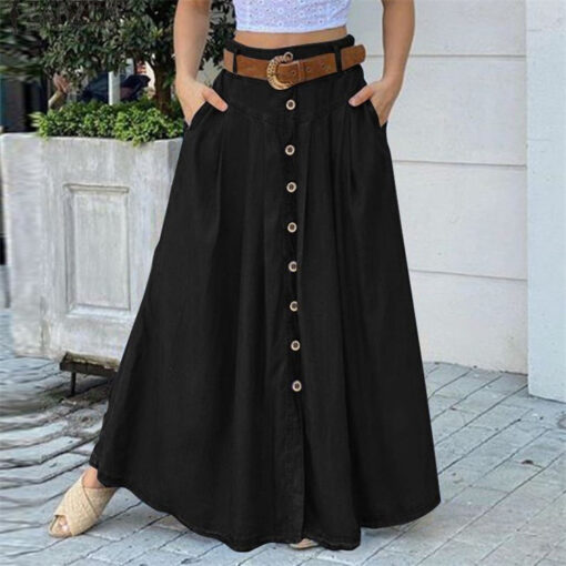 Women's Solid Color Buttons Denim Long Skirts