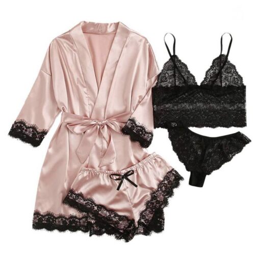 Women's Four-Piece Lace-Trimmed Satin Pajama Set