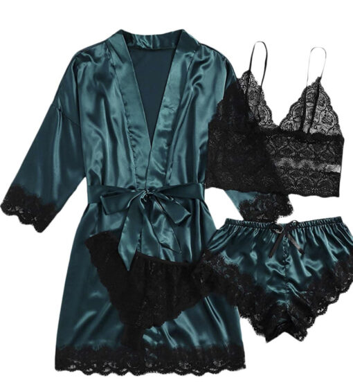 Women's Four-Piece Lace-Trimmed Satin Pajama Set - Image 9