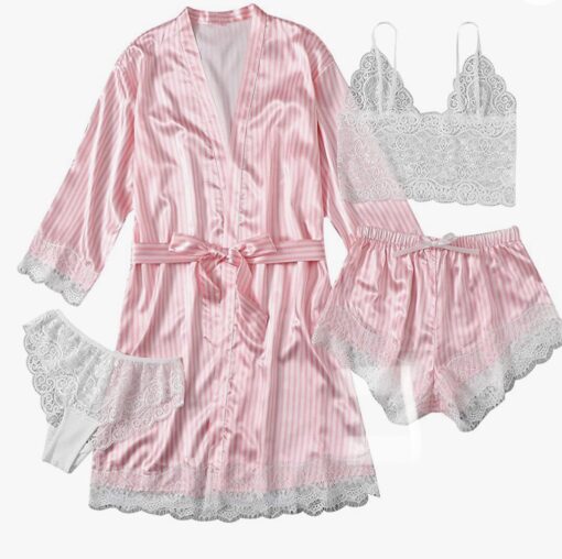 Women's Four-Piece Lace-Trimmed Satin Pajama Set - Image 7