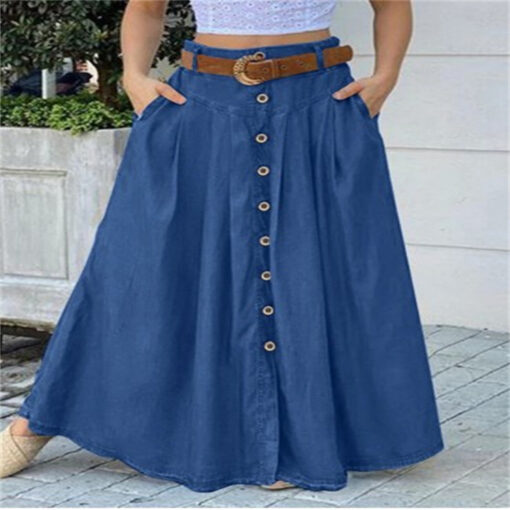 Women's Solid Color Buttons Denim Long Skirts - Image 2