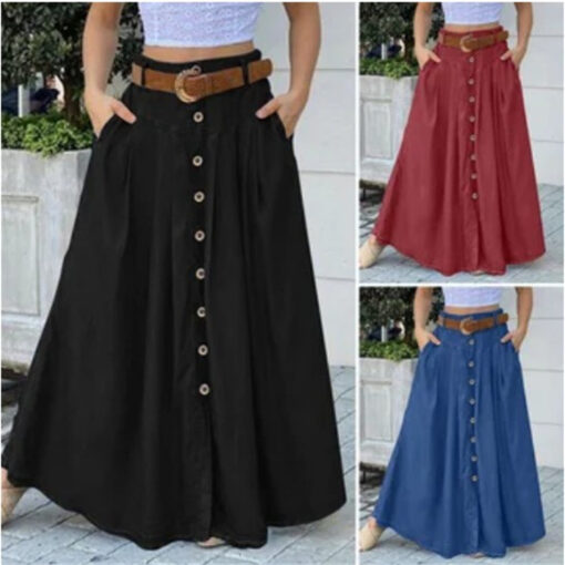 Women's Solid Color Buttons Denim Long Skirts - Image 3