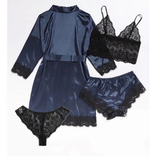 Women's Four-Piece Lace-Trimmed Satin Pajama Set - Image 4