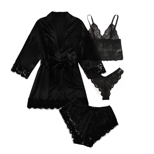 Women's Four-Piece Lace-Trimmed Satin Pajama Set - Image 5