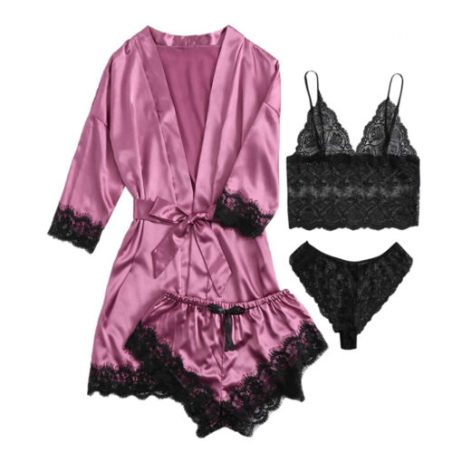 Women's Four-Piece Lace-Trimmed Satin Pajama Set - Image 8