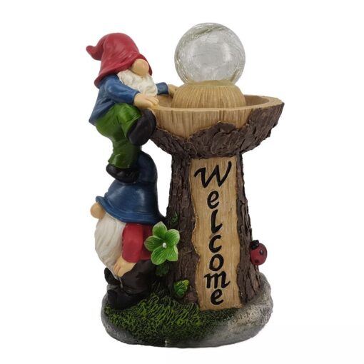 Climbing on Welcome Tree Trunk Garden Gnome Statue Solar Light