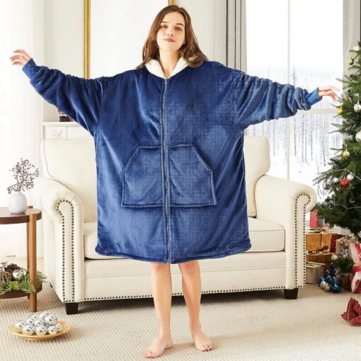 Oversized Sherpa Fleece Blanket Hoodie with Zipper - Image 3