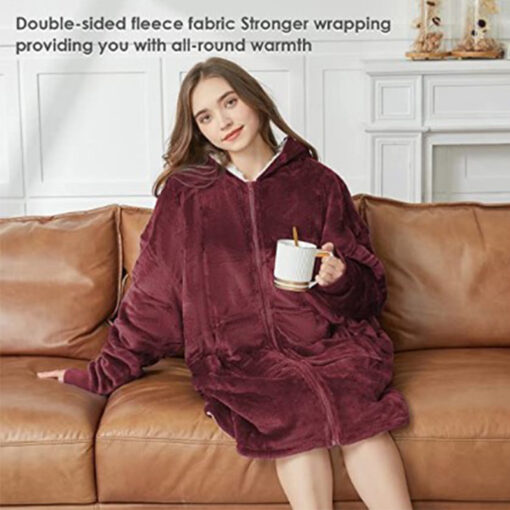 Oversized Sherpa Fleece Blanket Hoodie with Zipper - Image 7