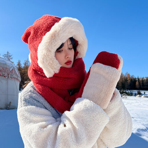 3 in 1 Pom Pom Winter Hooded Scarf with Mittens - Image 8