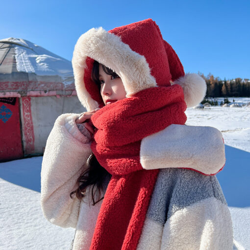 3 in 1 Pom Pom Winter Hooded Scarf with Mittens