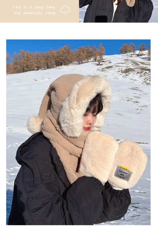 3 in 1 Pom Pom Winter Hooded Scarf with Mittens - Image 9