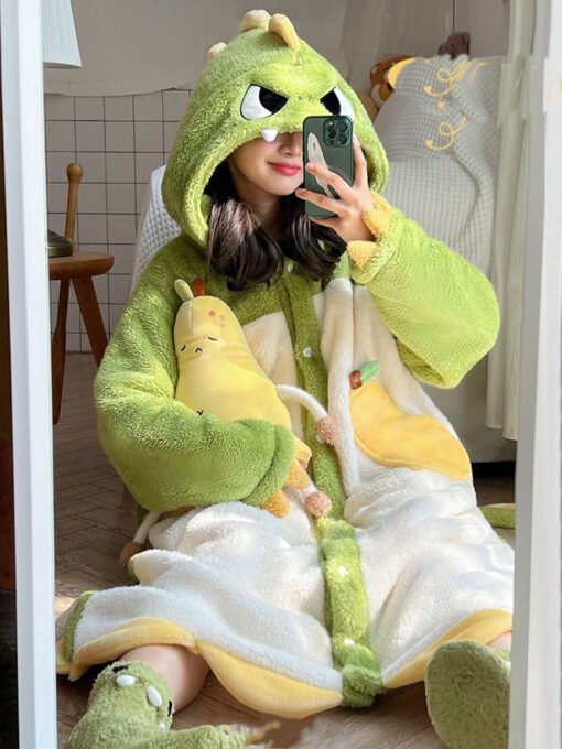 Dinosaur Hooded Coral Fleece Sleep Robe - Image 3