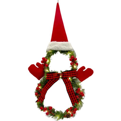 Snowman Hanging Sign Christmas Wreath Led with Artificial Pine Spruce Berry Decor - Image 2