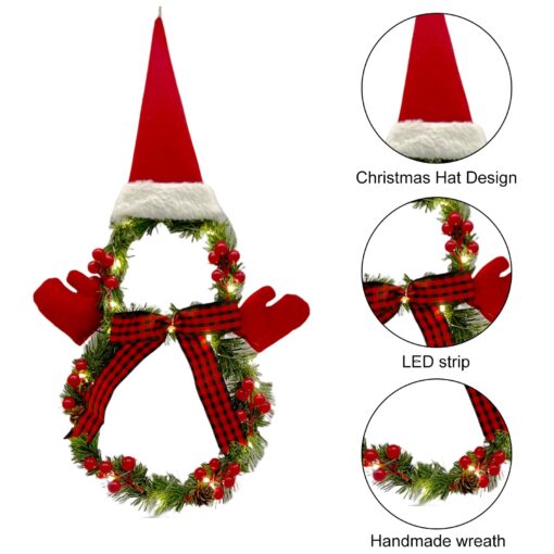 Snowman Hanging Sign Christmas Wreath Led with Artificial Pine Spruce Berry Decor - Image 3