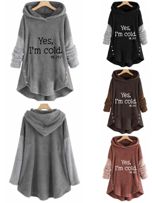 Womens Fuzzy Hoodies Letter Print  Yes I am Cold Casual Sweatshirt Plus Size Plush Pullover Winter Warm Cozy Loose Fleece Hoodie - Image 2