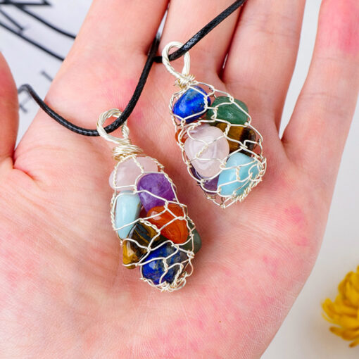 Natural Stones in Net Pendant Necklace- AC1235 - Image 2