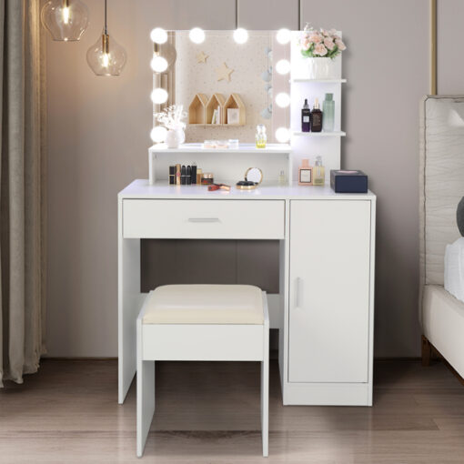 Large Vanity Set with 10 LED Bulbs, Makeup Table with Cushioned Stool