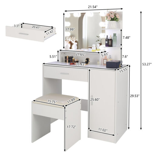 Large Vanity Set with 10 LED Bulbs, Makeup Table with Cushioned Stool - Image 10