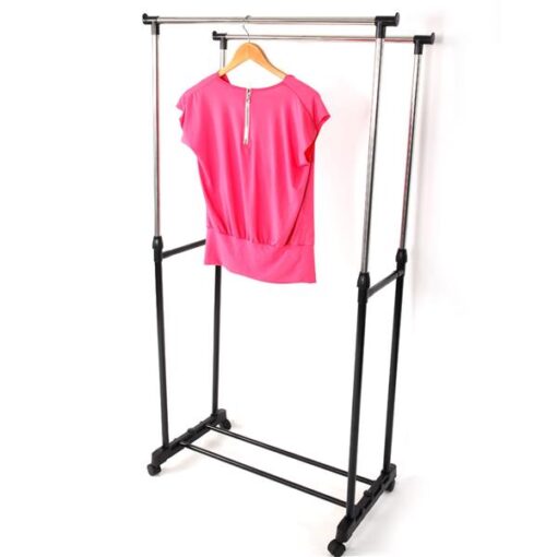 Single or Dual-bar Vertical & Horizontal Stretching Stand Clothes Rack with Shoe Shelf - Image 5