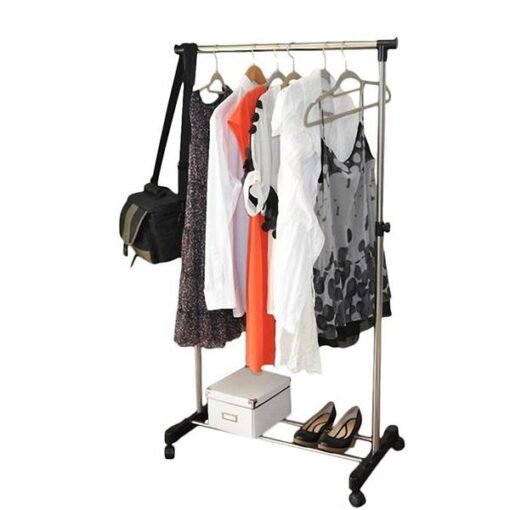 Single or Dual-bar Vertical & Horizontal Stretching Stand Clothes Rack with Shoe Shelf - Image 4