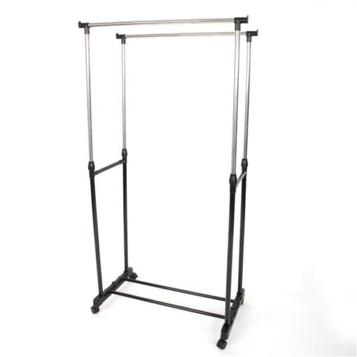 Single or Dual-bar Vertical & Horizontal Stretching Stand Clothes Rack with Shoe Shelf - Image 9